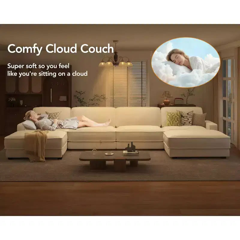 Divano Sezionale Modulare Oversize Dyonery 160, Divano Comodo a U a 6 Posti con 2 Cuscini e 2 Pouf Mobili, Ciniglia
