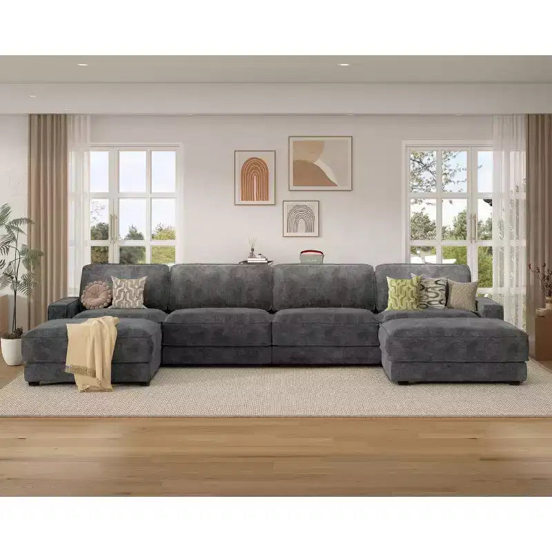 Canapé sectionnel modulaire surdimensionné Dyonery 160, ensemble de canapés confortables en forme de U de 6 places avec 2 oreillers et 2 poufs mobiles, en chenille