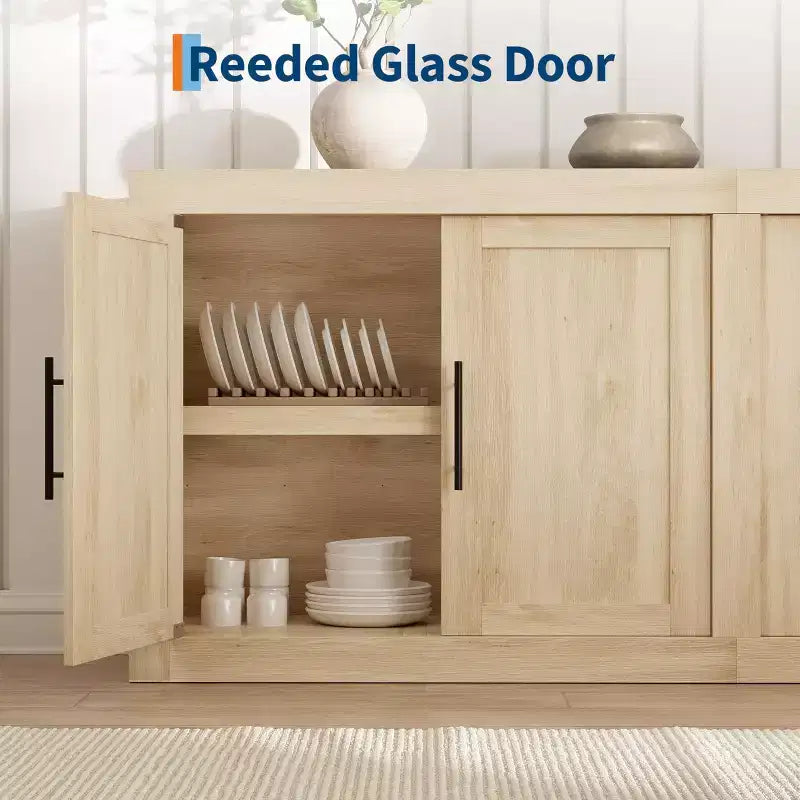 Credenza con Contenitore, Mobile Bar Moderno con 4 Ante in Legno, Tavolo da Buffet da Cucina per Sala da Pranzo, Porta TV per TV da 50-80 Pollici