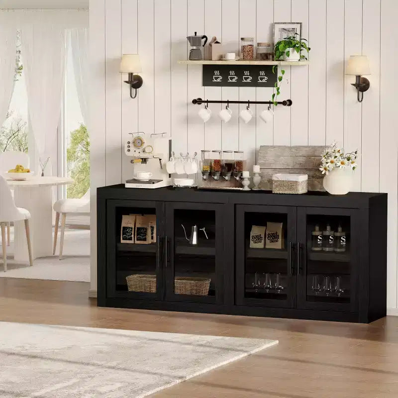 Credenza con Contenitore, Mobile Bar Moderno con 4 Ante in Legno, Tavolo da Buffet da Cucina per Sala da Pranzo, Porta TV per TV da 50-80 Pollici