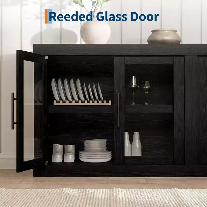 Credenza con Contenitore, Mobile Bar Moderno con 4 Ante in Legno, Tavolo da Buffet da Cucina per Sala da Pranzo, Porta TV per TV da 50-80 Pollici
