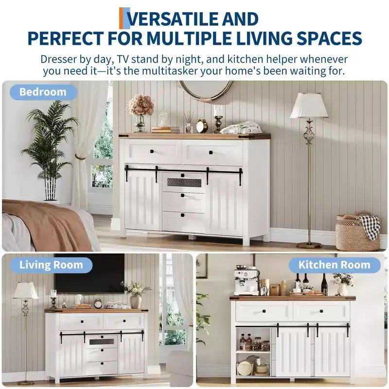 Mobile credenza, Armadietto contenitore con 5 cassetti e 2 ante scorrevoli in stile "fienile", Tavolo in legno con ripiano regolabile, per soggiorno, sala da pranzo