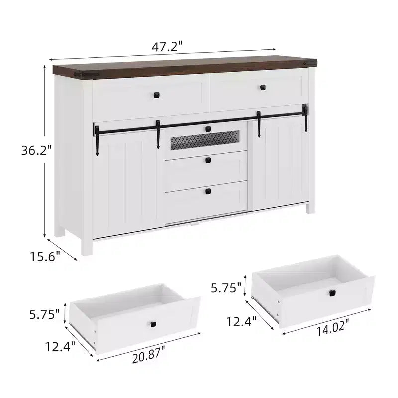 Mobile credenza, Armadietto contenitore con 5 cassetti e 2 ante scorrevoli in stile "fienile", Tavolo in legno con ripiano regolabile, per soggiorno, sala da pranzo