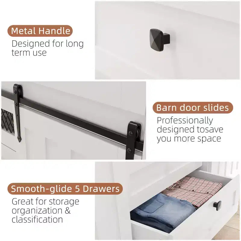Mobile credenza, Armadietto contenitore con 5 cassetti e 2 ante scorrevoli in stile "fienile", Tavolo in legno con ripiano regolabile, per soggiorno, sala da pranzo
