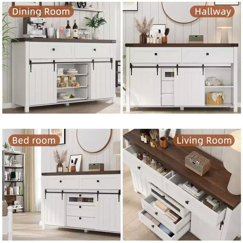 Mobile credenza, Armadietto contenitore con 5 cassetti e 2 ante scorrevoli in stile "fienile", Tavolo in legno con ripiano regolabile, per soggiorno, sala da pranzo