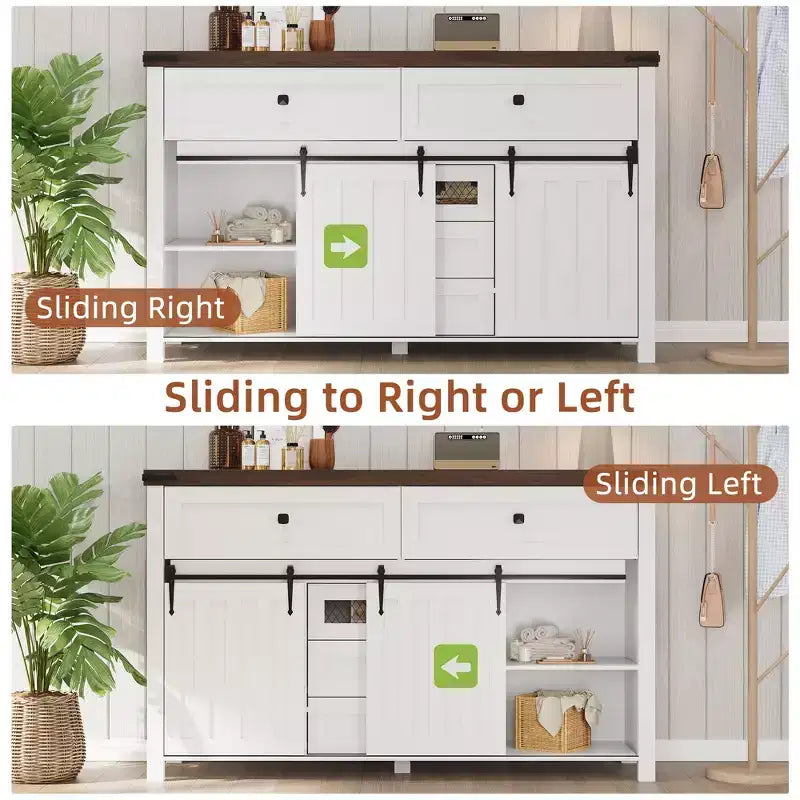 Mobile credenza, Armadietto contenitore con 5 cassetti e 2 ante scorrevoli in stile "fienile", Tavolo in legno con ripiano regolabile, per soggiorno, sala da pranzo