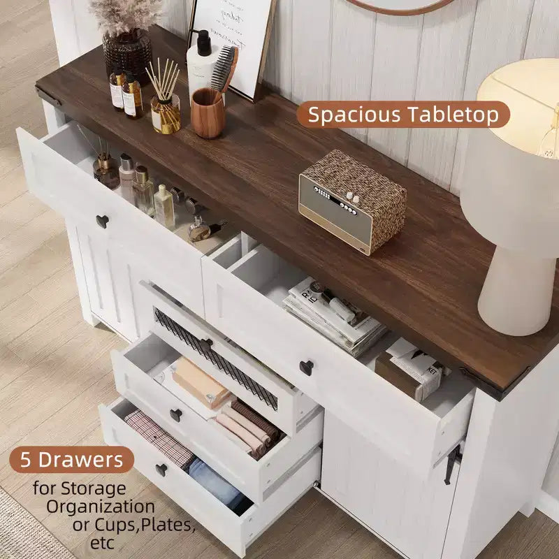 Mobile credenza, Armadietto contenitore con 5 cassetti e 2 ante scorrevoli in stile "fienile", Tavolo in legno con ripiano regolabile, per soggiorno, sala da pranzo