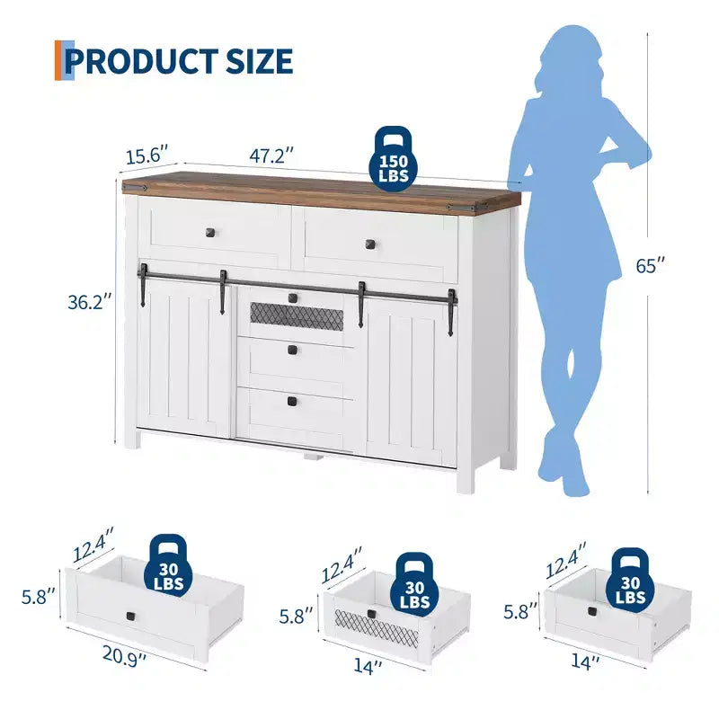 Mobile credenza, Armadietto contenitore con 5 cassetti e 2 ante scorrevoli in stile "fienile", Tavolo in legno con ripiano regolabile, per soggiorno, sala da pranzo