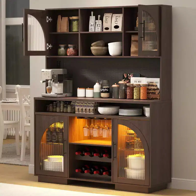 SOLACE FURNITURE 71 Mobile Dispensa, Armadietto da Cucina con Stazione di Ricarica, Credenza Cucina con Pannello Forato e Luce LED