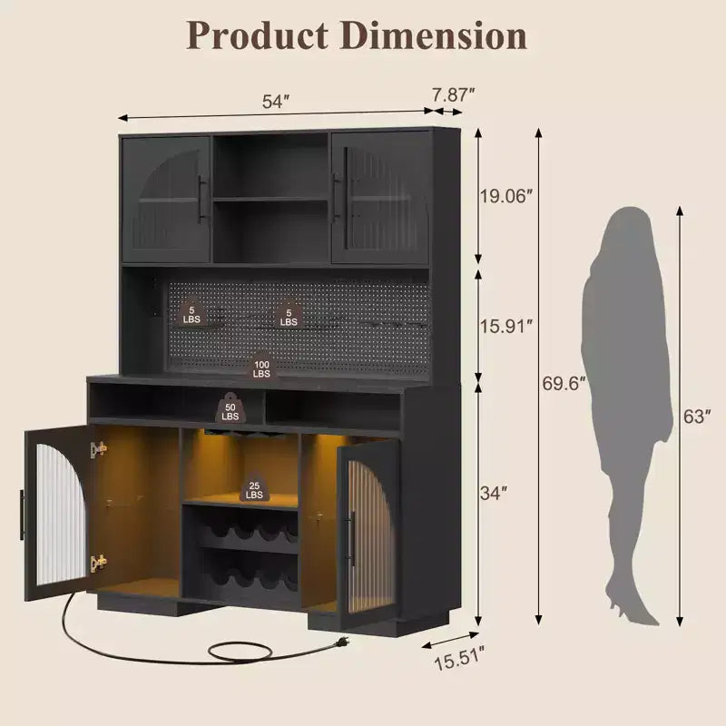 SOLACE FURNITURE 71 Mobile Dispensa, Armadietto da Cucina con Stazione di Ricarica, Credenza Cucina con Pannello Forato e Luce LED