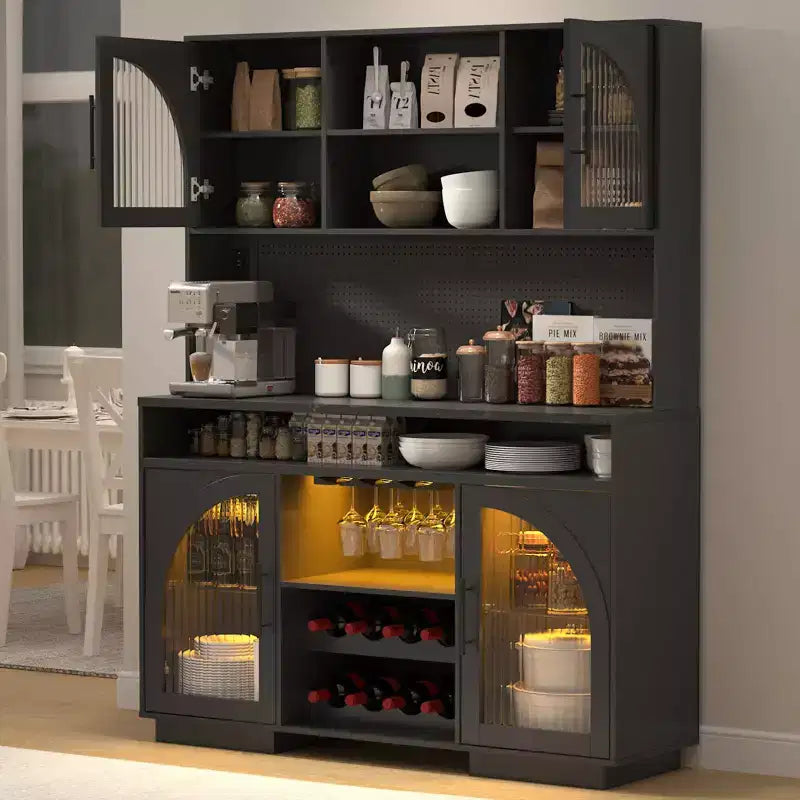 SOLACE FURNITURE 71 Mobile Dispensa, Armadietto da Cucina con Stazione di Ricarica, Credenza Cucina con Pannello Forato e Luce LED
