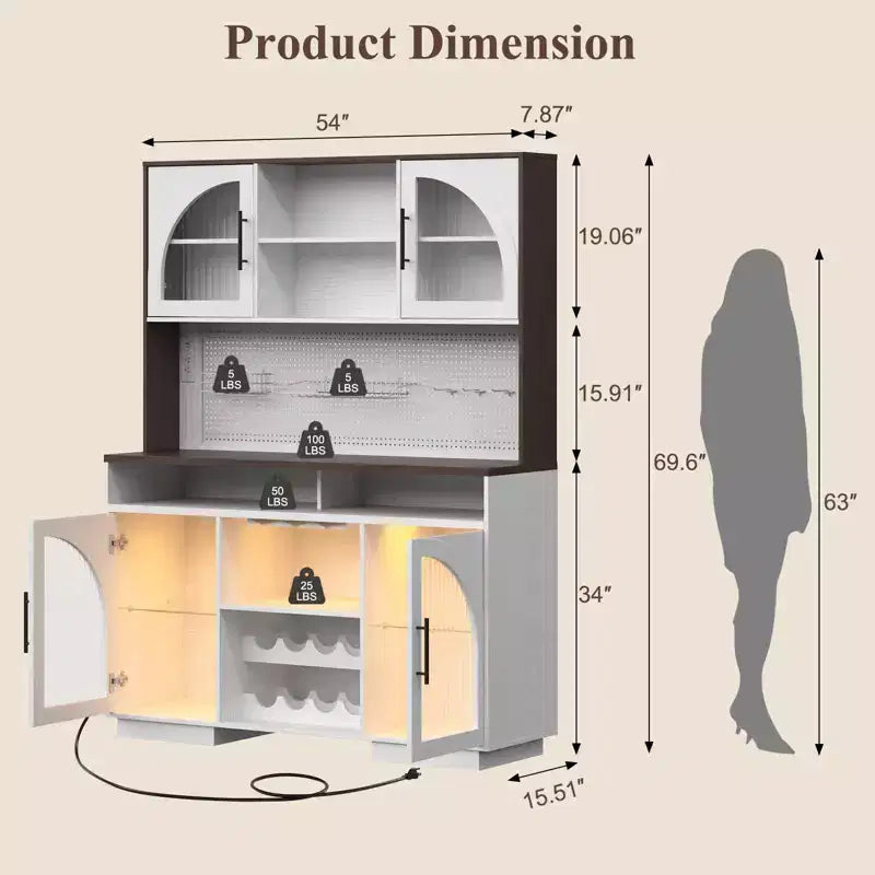 SOLACE FURNITURE 71 Mobile Dispensa, Armadietto da Cucina con Stazione di Ricarica, Credenza Cucina con Pannello Forato e Luce LED