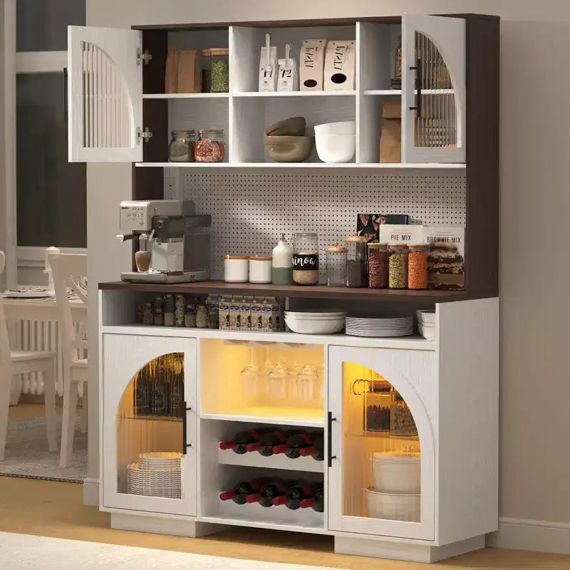 SOLACE FURNITURE 71 Mobile Dispensa, Armadietto da Cucina con Stazione di Ricarica, Credenza Cucina con Pannello Forato e Luce LED