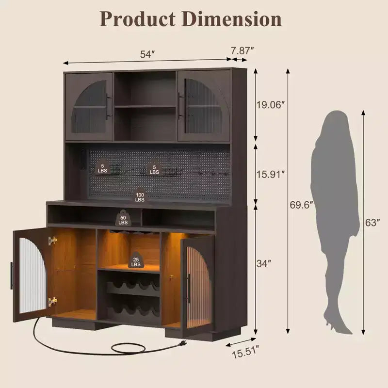 SOLACE FURNITURE 71 Mobile Dispensa, Armadietto da Cucina con Stazione di Ricarica, Credenza Cucina con Pannello Forato e Luce LED