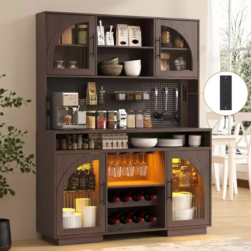 SOLACE FURNITURE 71 Pantry Cabinet, Kitchen Cabinet with Charging Station, Kitchen Hutch Storage with Pegboard and LED Light