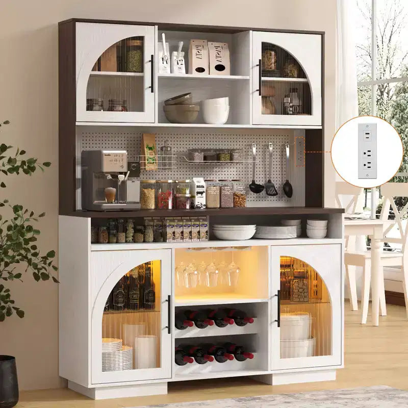 SOLACE FURNITURE 71 Mobile Dispensa, Armadietto da Cucina con Stazione di Ricarica, Credenza Cucina con Pannello Forato e Luce LED