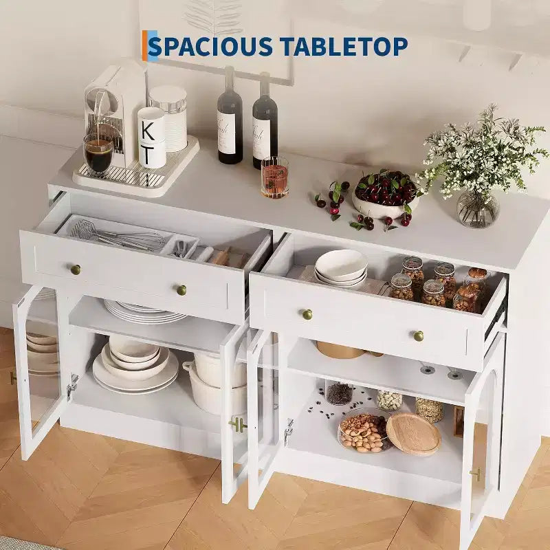 Buffet de 55 pouces de large avec 4 portes en acrylique et 2 tiroirs, meuble de rangement de cuisine de style ferme, table console en bois pour le bureau à domicile