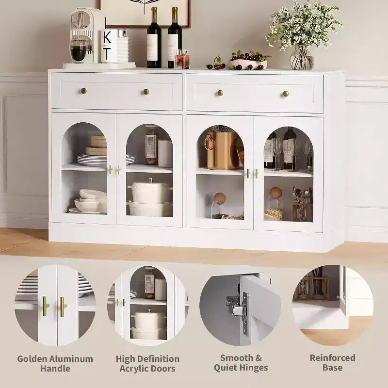 Buffet de 55 pouces de large avec 4 portes en acrylique et 2 tiroirs, meuble de rangement de cuisine de style ferme, table console en bois pour le bureau à domicile