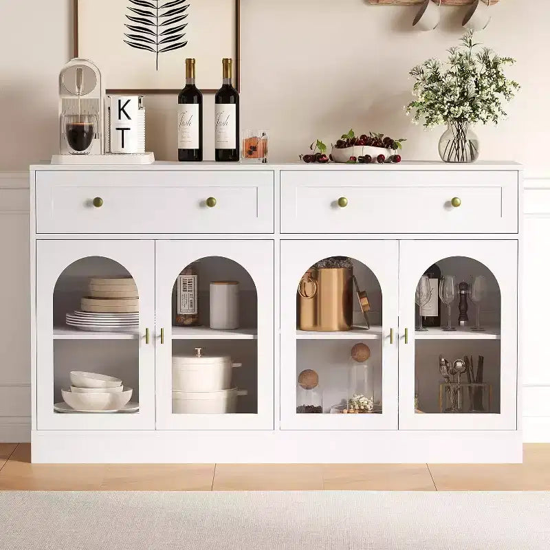 Buffet de 55 pouces de large avec 4 portes en acrylique et 2 tiroirs, meuble de rangement de cuisine de style ferme, table console en bois pour le bureau à domicile