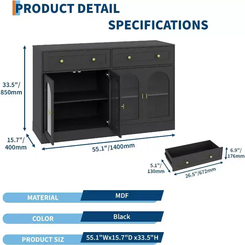 Buffet de 55 pouces de large avec 4 portes en acrylique et 2 tiroirs, meuble de rangement de cuisine de style ferme, table console en bois pour le bureau à domicile