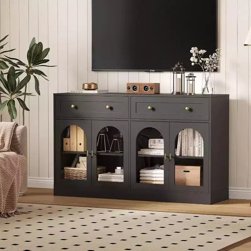 Buffet de 55 pouces de large avec 4 portes en acrylique et 2 tiroirs, meuble de rangement de cuisine de style ferme, table console en bois pour le bureau à domicile