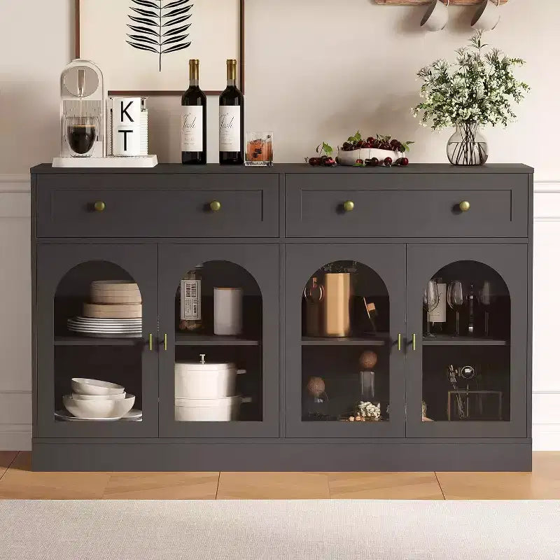 Buffet de 55 pouces de large avec 4 portes en acrylique et 2 tiroirs, meuble de rangement de cuisine de style ferme, table console en bois pour le bureau à domicile