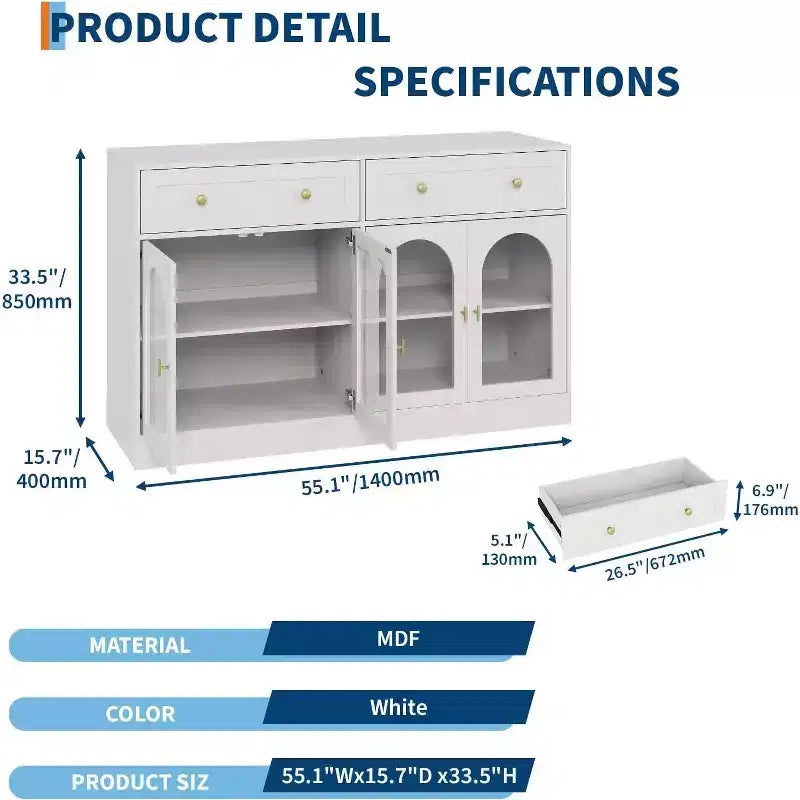 Buffet de 55 pouces de large avec 4 portes en acrylique et 2 tiroirs, meuble de rangement de cuisine de style ferme, table console en bois pour le bureau à domicile