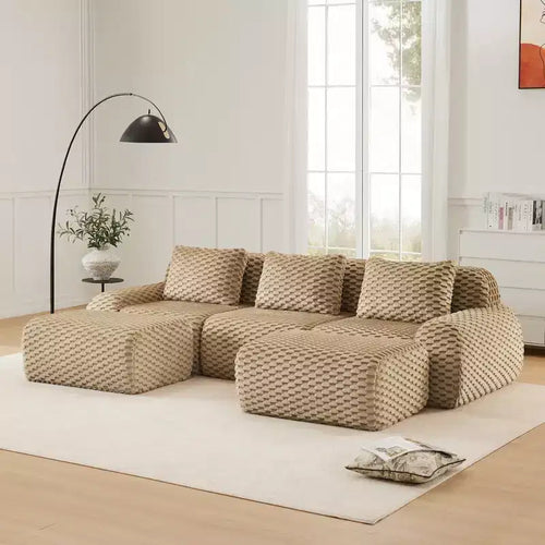 Divano modulare a U 114 in flanella, 3 posti con pouf, fibbia senza montaggio, color cammello chiaro