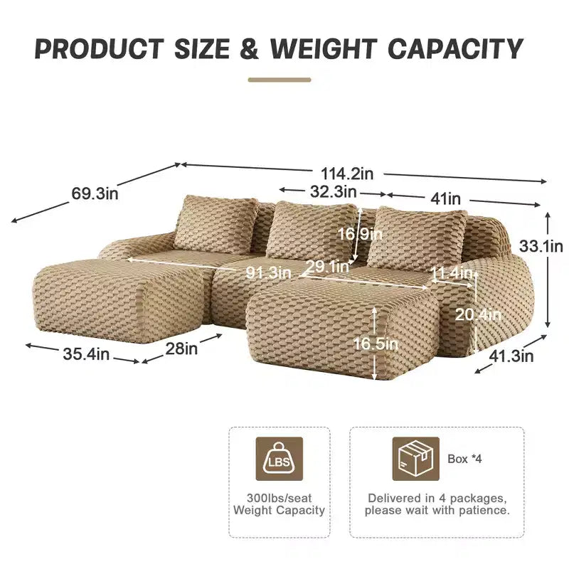 Divano modulare a U 114 in flanella, 3 posti con pouf, fibbia senza montaggio, color cammello chiaro
