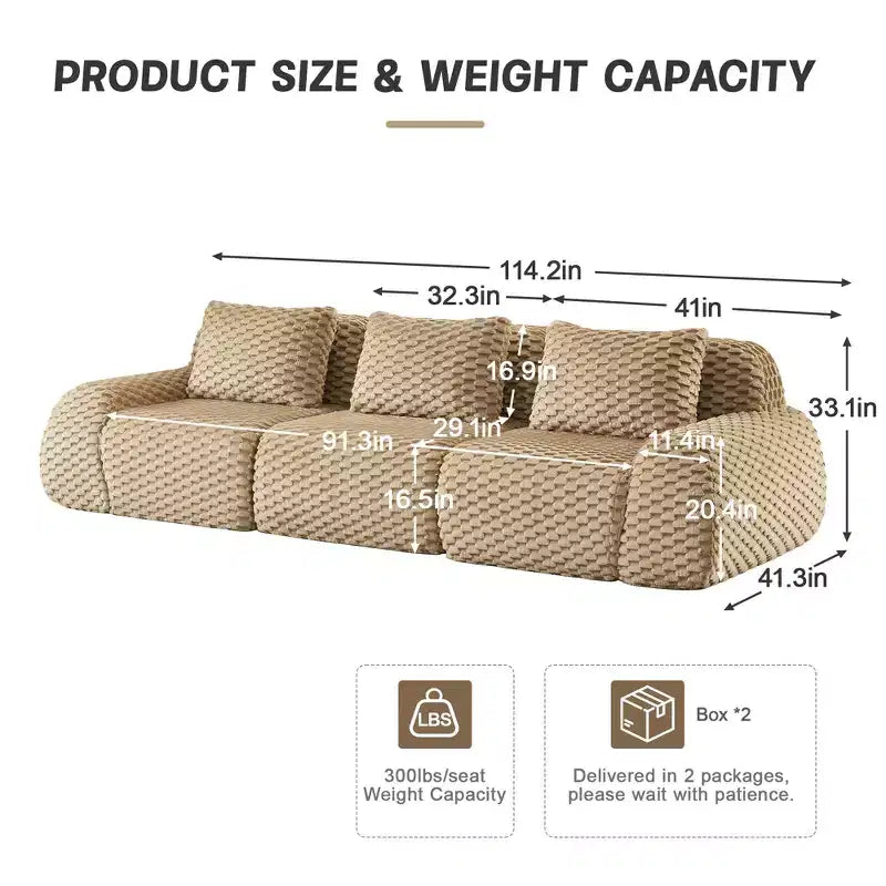 Divano Sezionale Modulare 114 Flannelette 3 Posti Seduta Profonda Fibbie Nessun Montaggio Cammello Chiaro