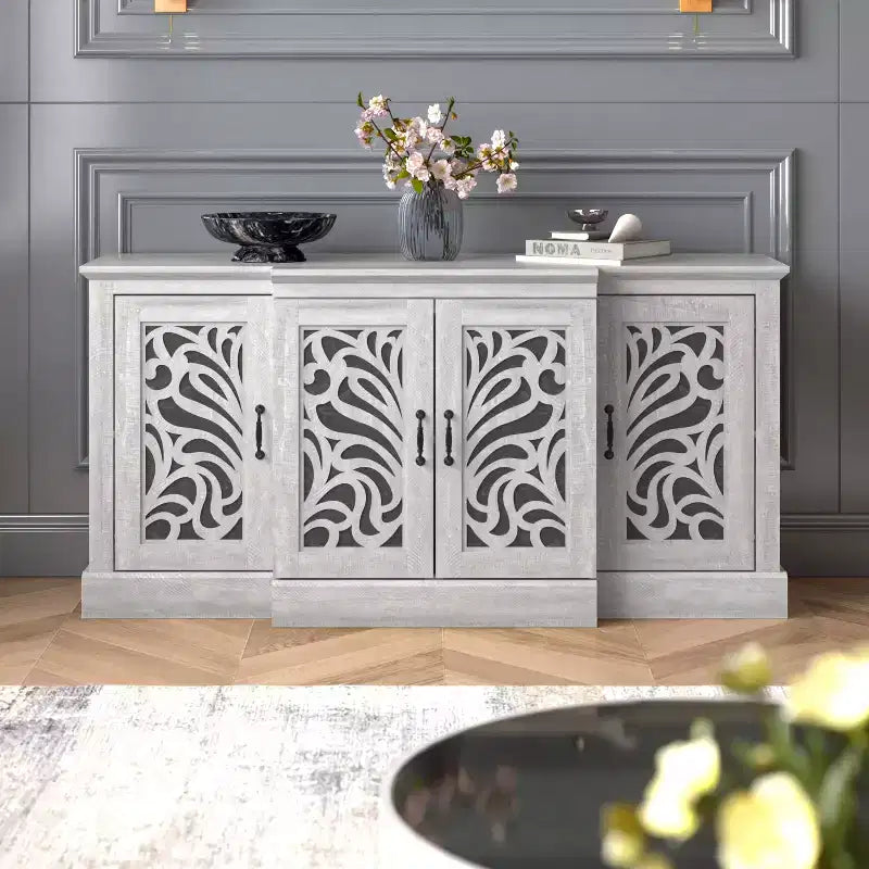 Galano sideboard with traditional cutout doors in gray 60.4 W  18.2 D  29.3 H
