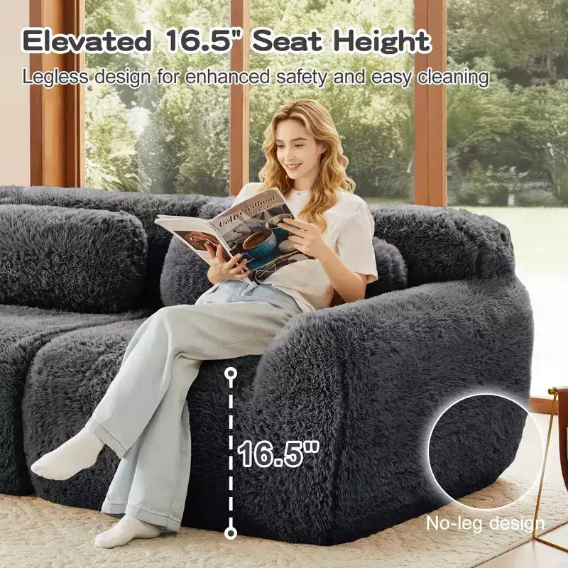 Divano componibile "Boneless" in tessuto peluche marrone da 149 pollici con cuscini decorativi per soggiorno (collegamento a fibbia)