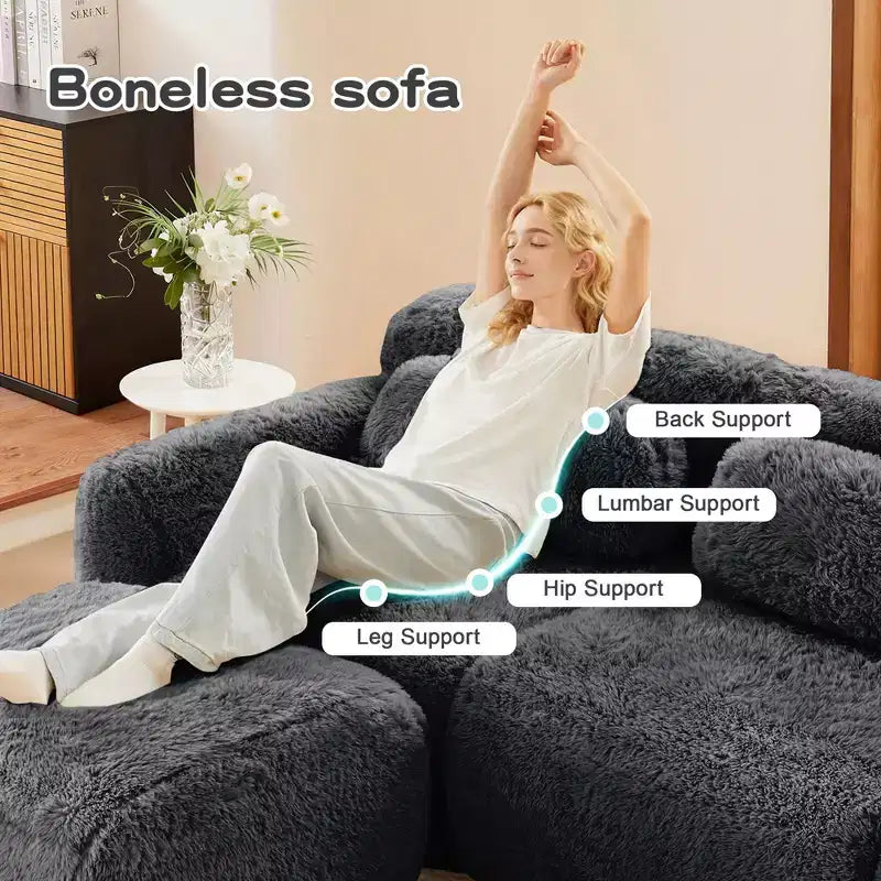 Divano componibile "Boneless" in tessuto peluche marrone da 149 pollici con cuscini decorativi per soggiorno (collegamento a fibbia)