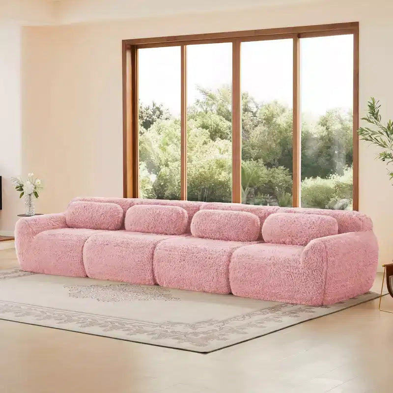Divano componibile "Boneless" in tessuto peluche marrone da 149 pollici con cuscini decorativi per soggiorno (collegamento a fibbia)