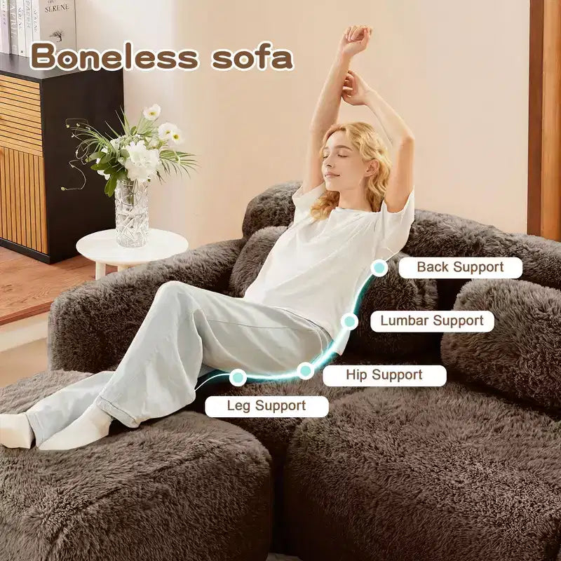 Divano componibile "Boneless" in tessuto peluche marrone da 149 pollici con cuscini decorativi per soggiorno (collegamento a fibbia)