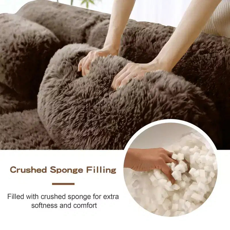 Divano componibile "Boneless" in tessuto peluche marrone da 149 pollici con cuscini decorativi per soggiorno (collegamento a fibbia)