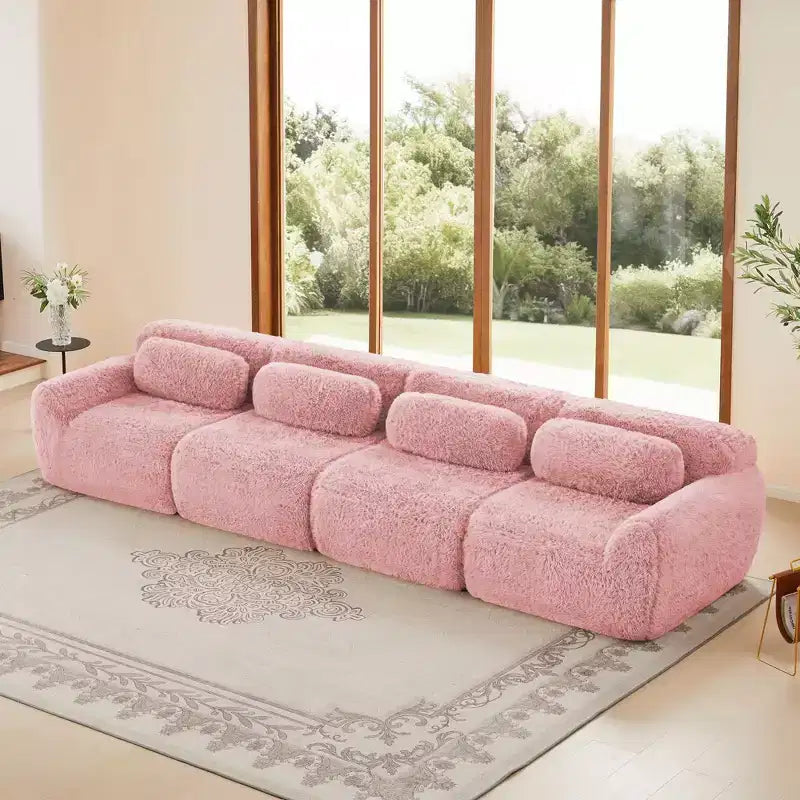 Divano componibile "Boneless" in tessuto peluche marrone da 149 pollici con cuscini decorativi per soggiorno (collegamento a fibbia)