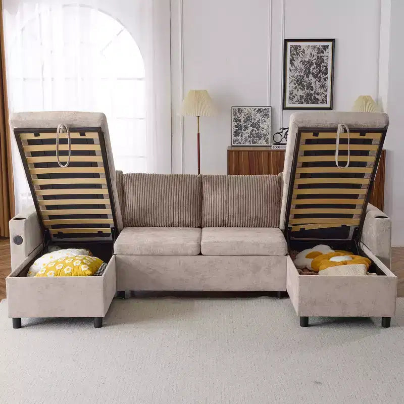 Divano componibile Whisen 113.4, divano letto estraibile, divano versatile con ampio spazio contenitore, due portabicchieri
