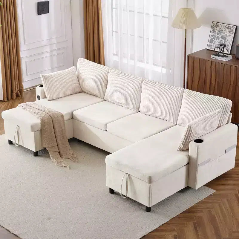 Divano componibile Whisen 113.4, divano letto estraibile, divano versatile con ampio spazio contenitore, due portabicchieri
