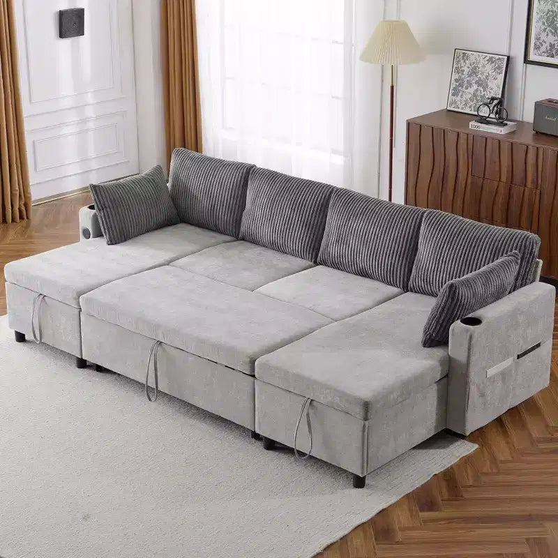 Divano componibile Whisen 113.4, divano letto estraibile, divano versatile con ampio spazio contenitore, due portabicchieri