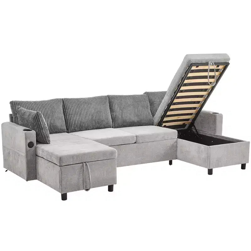 Divano componibile Whisen 113.4, divano letto estraibile, divano versatile con ampio spazio contenitore, due portabicchieri