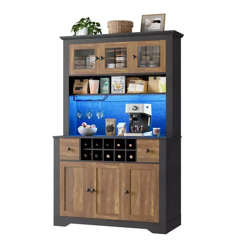 Mobile Bar da Fattoria da 174,5 cm, Mobile Bar Alto con 10 Ripiani, Credenza Bar con Contenitore per Soggiorno