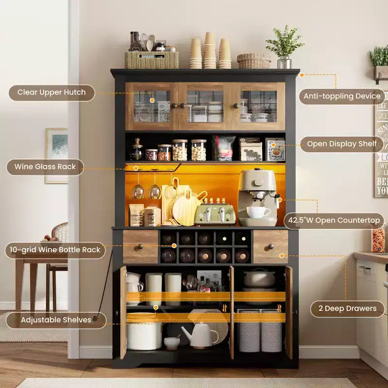 Mobile Bar da Fattoria da 174,5 cm, Mobile Bar Alto con 10 Ripiani, Credenza Bar con Contenitore per Soggiorno