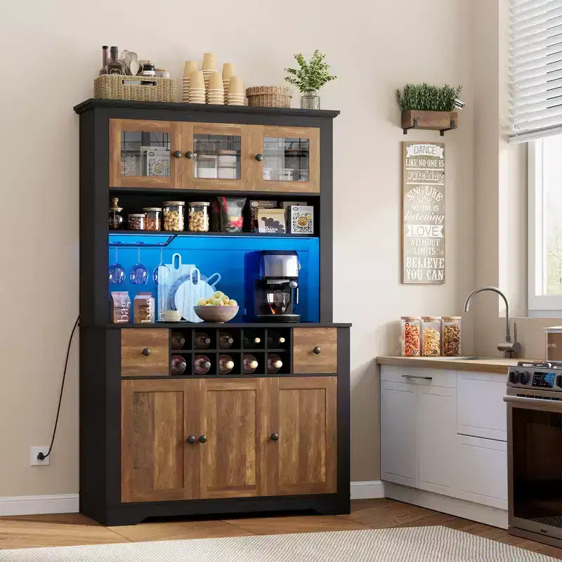 Mobile Bar da Fattoria da 174,5 cm, Mobile Bar Alto con 10 Ripiani, Credenza Bar con Contenitore per Soggiorno