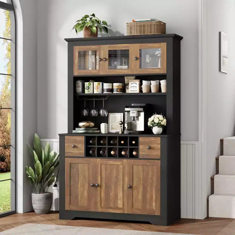 Mobile Bar da Fattoria da 174,5 cm, Mobile Bar Alto con 10 Ripiani, Credenza Bar con Contenitore per Soggiorno