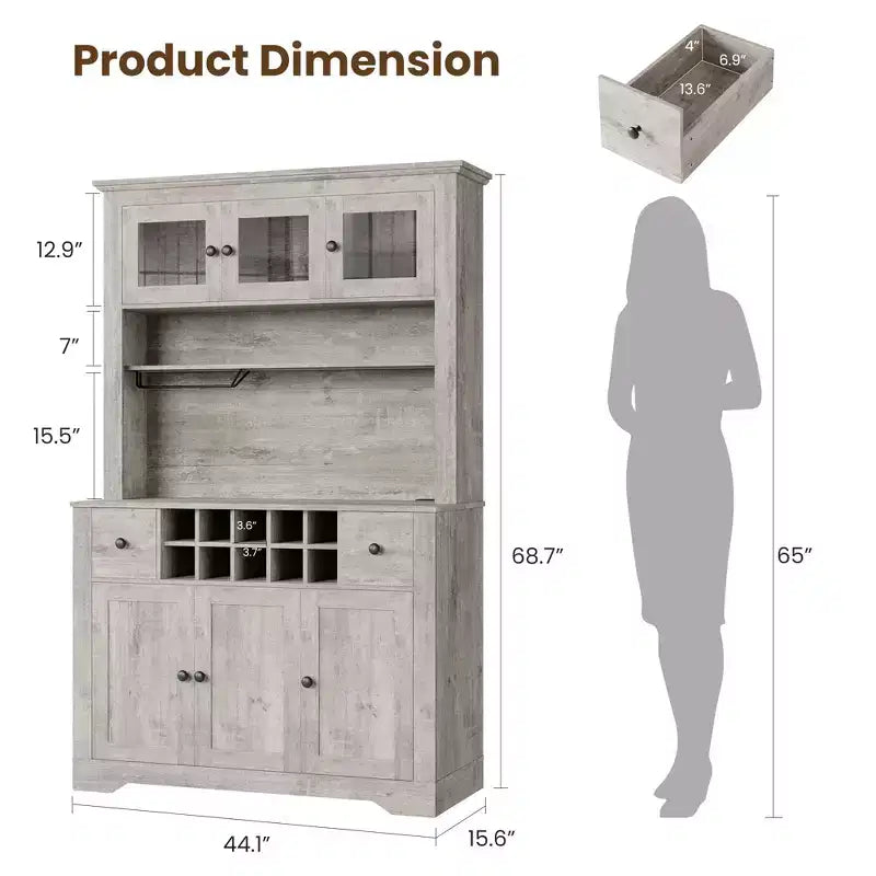 Mobile Bar da Fattoria da 174,5 cm, Mobile Bar Alto con 10 Ripiani, Credenza Bar con Contenitore per Soggiorno