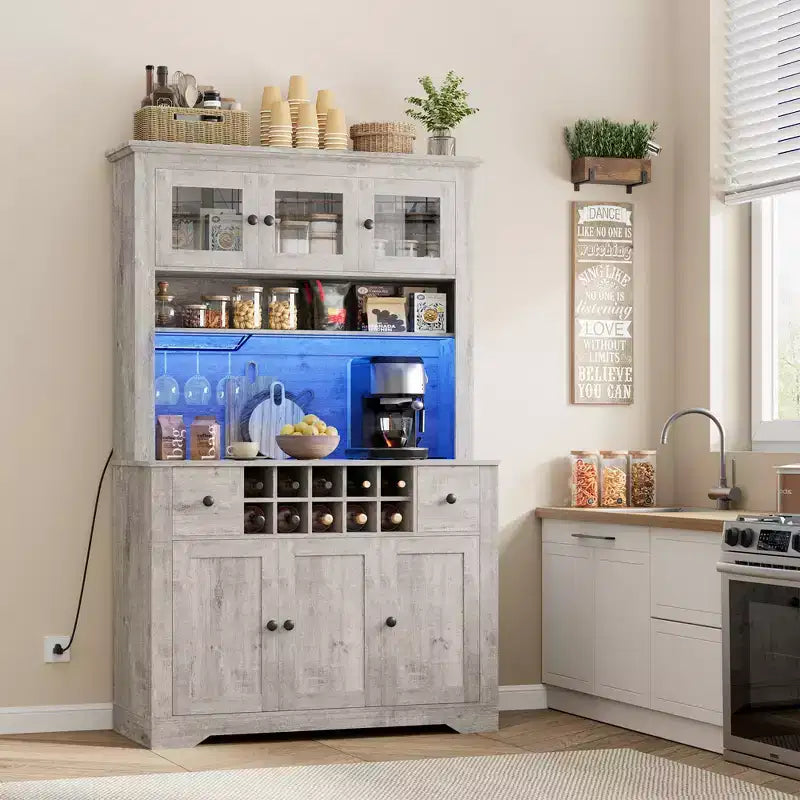 Mobile Bar da Fattoria da 174,5 cm, Mobile Bar Alto con 10 Ripiani, Credenza Bar con Contenitore per Soggiorno