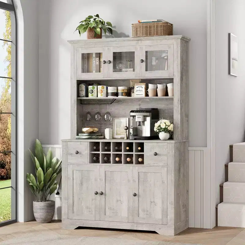 Mobile Bar da Fattoria da 174,5 cm, Mobile Bar Alto con 10 Ripiani, Credenza Bar con Contenitore per Soggiorno