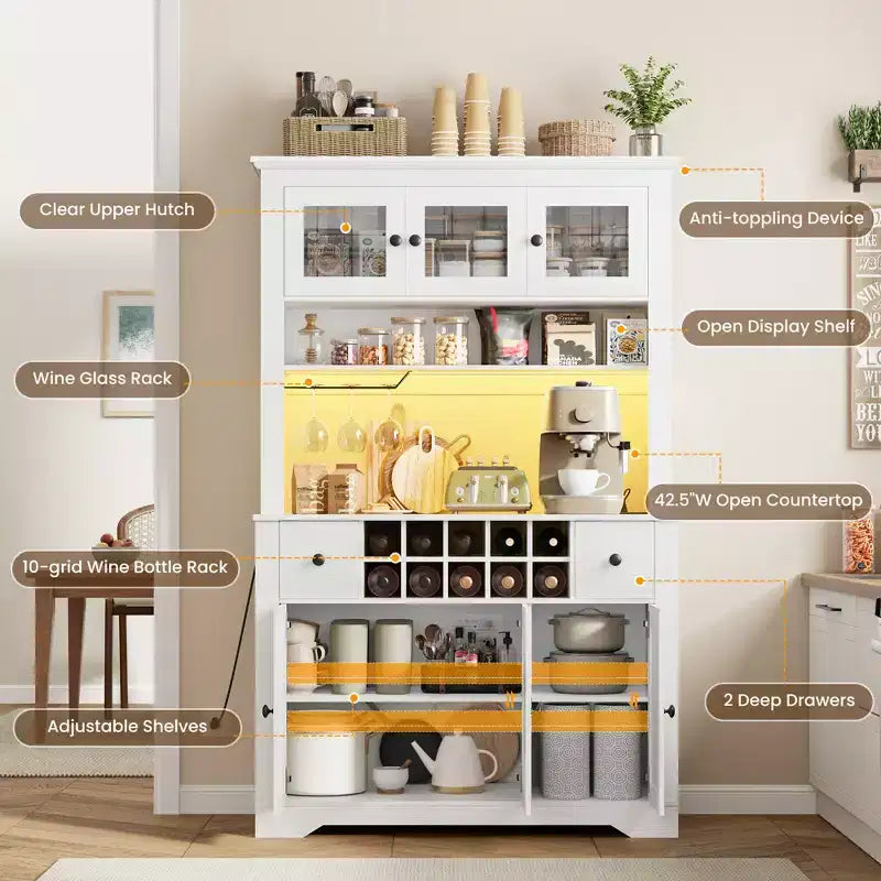 Mobile Bar da Fattoria da 174,5 cm, Mobile Bar Alto con 10 Ripiani, Credenza Bar con Contenitore per Soggiorno