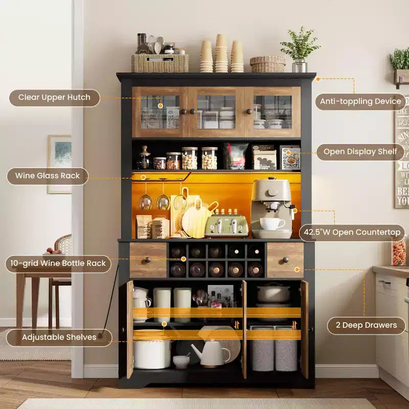Mobile Bar da Fattoria da 174,5 cm, Mobile Bar Alto con 10 Ripiani, Credenza Bar con Contenitore per Soggiorno
